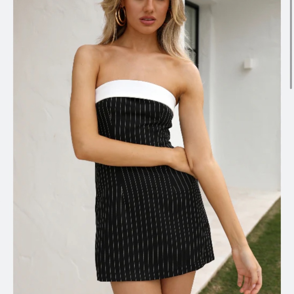 Hello Molly Black Pinstripe Strapless Mini Dress with White Bandeau